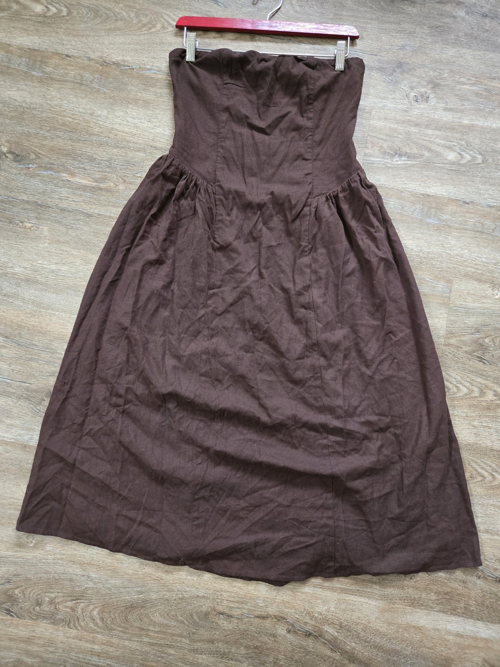 Wayf Strapless Brown Linen Blend Fit And Flare Midi Dress- Large
